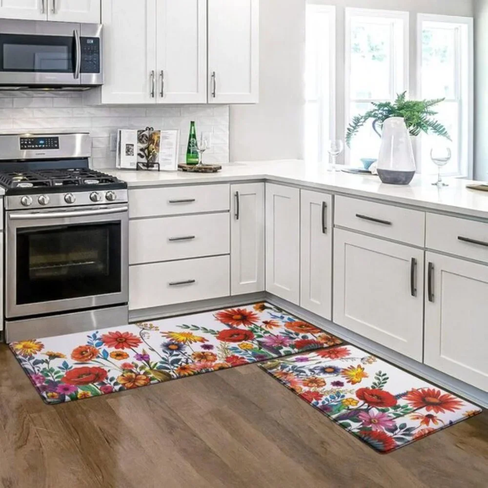 New Set of 2 White Floral Kitchen Mat, Anti-Fatigue, Cushioned, Non-Slip Mats